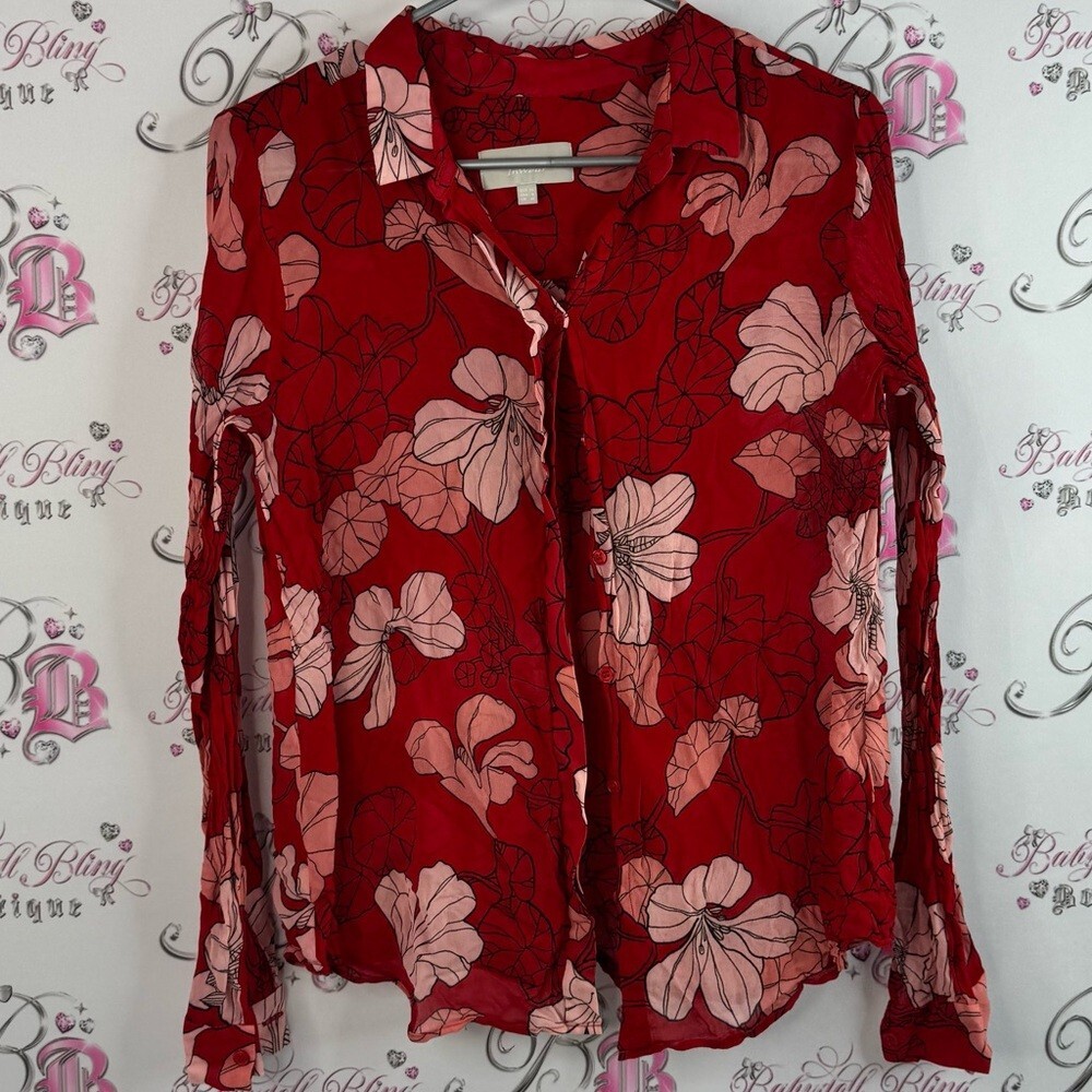 Inwear button up flowers line work Begonia Floral Red Women's Top